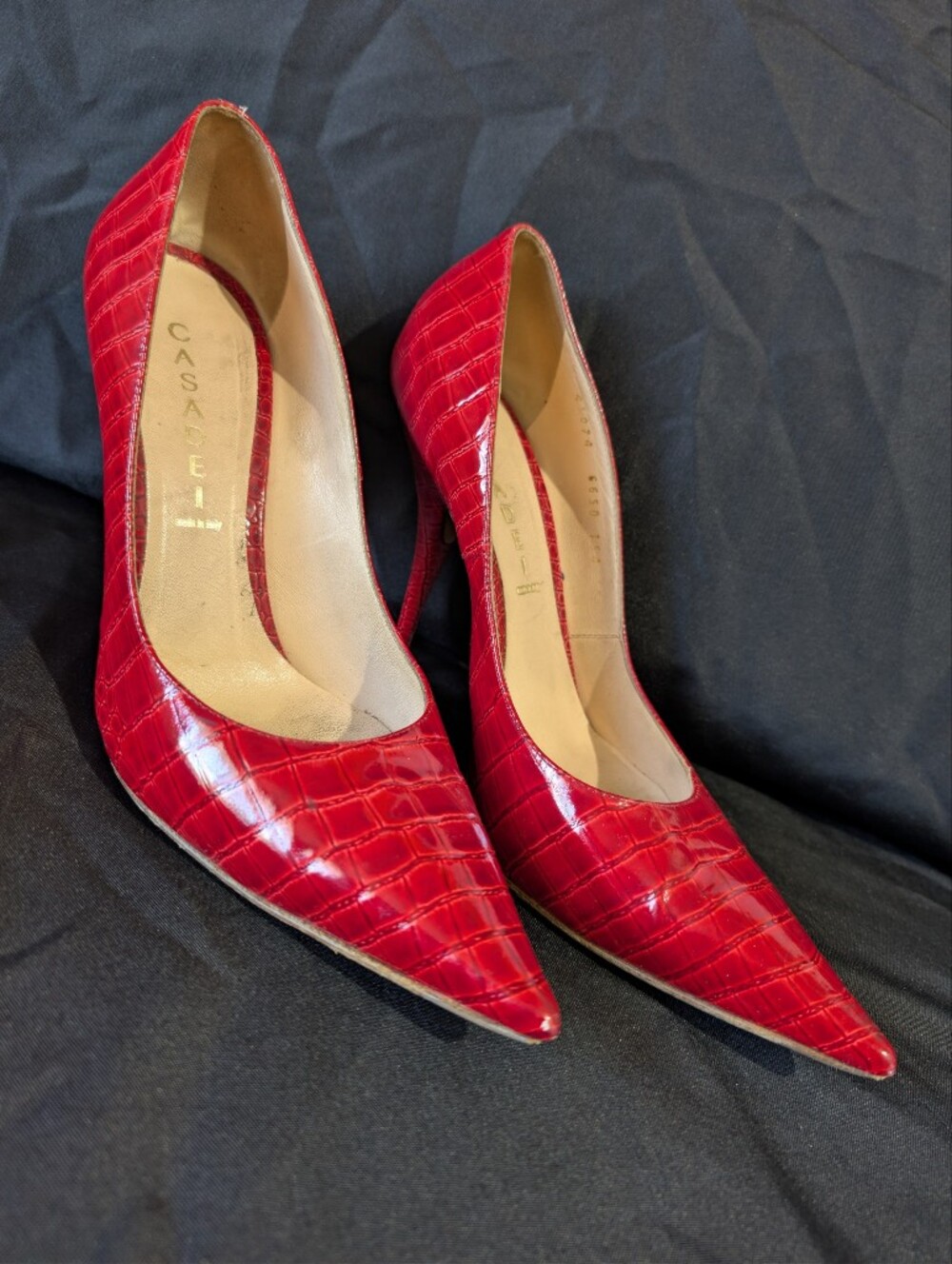 Casadei Red Croc-Embossed Pointed Toe Pumps
